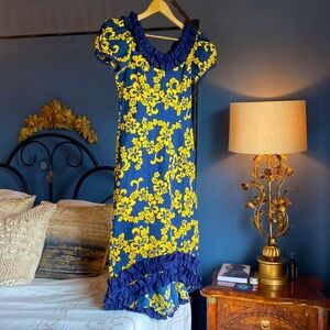 Vintage Navy Blue and Yellow Traditional  Hawaiian Dress